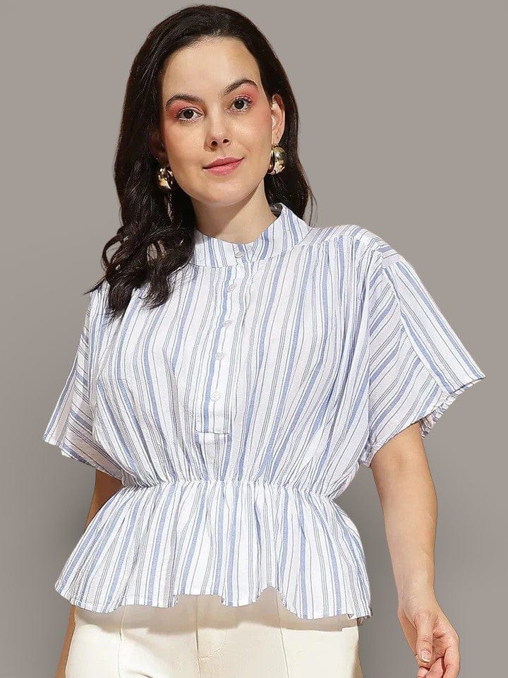 Blue Stripe Button-Down Top â€“ Women's Cotton Pleated Shirt With Elastic Waist