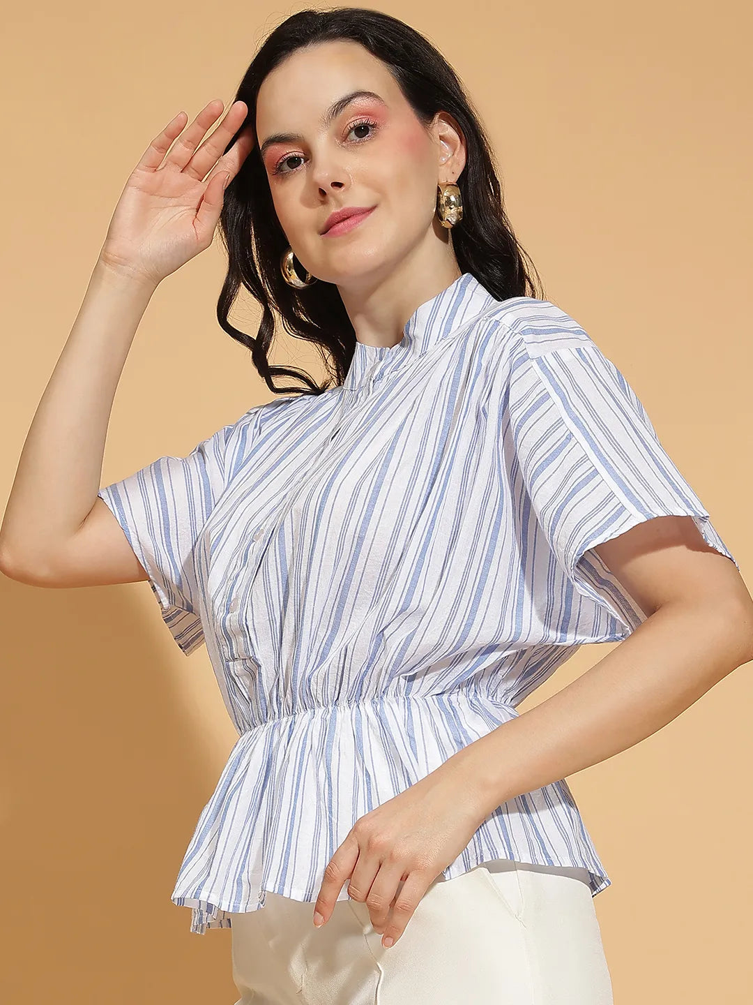 Fair Blue Stripe Print Button-Down Pleated Women’s Top