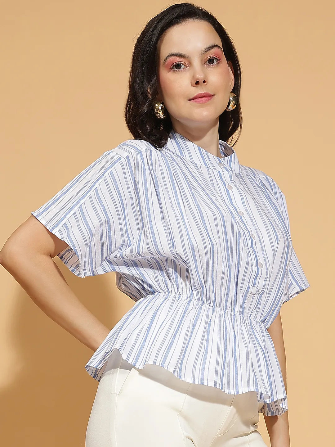 Fair Blue Stripe Print Button-Down Pleated Women’s Top