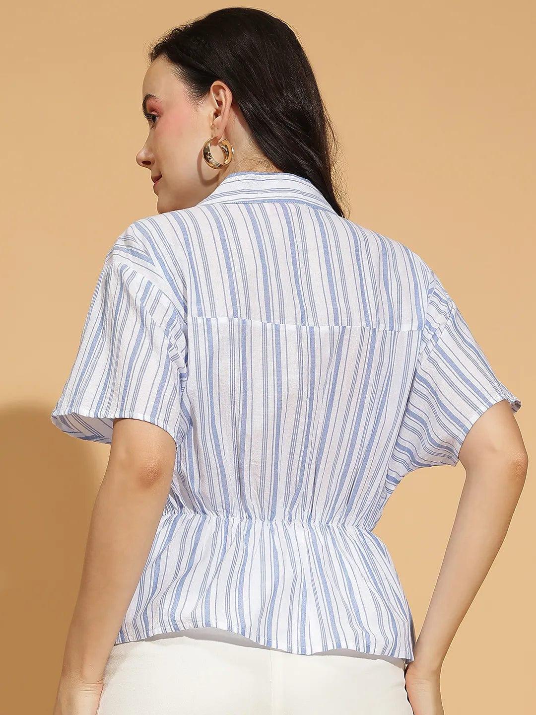 Fair Blue Stripe Print Button-Down Pleated Women’s Top