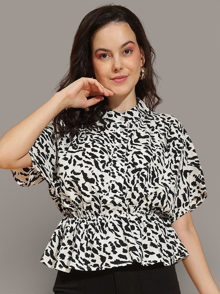 Animal Print Button-Down Top - Women's White Printed Blouse with Elastic Waist
