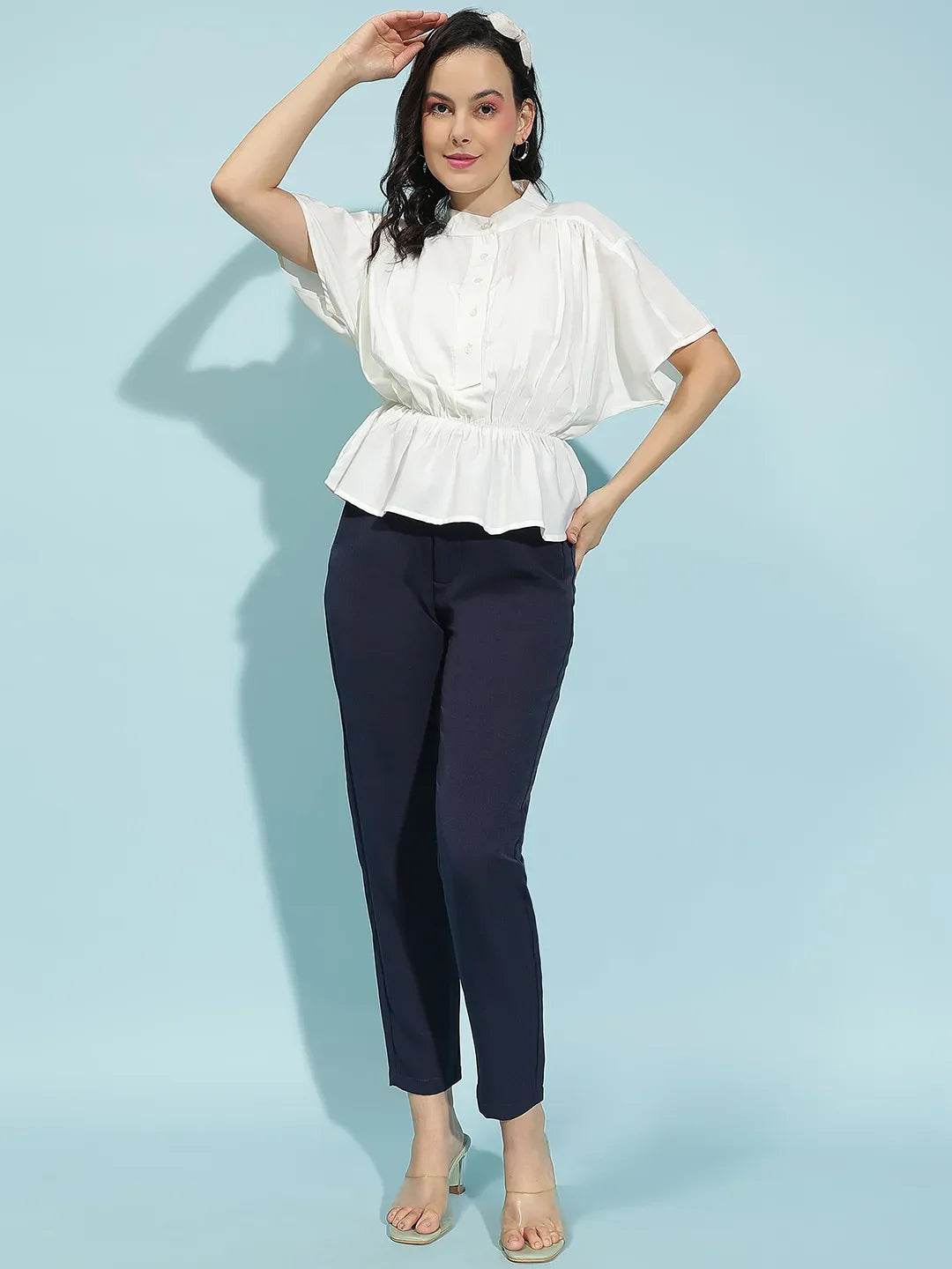 Snowy White Button-Down Elasticated Pleated Women’s Top