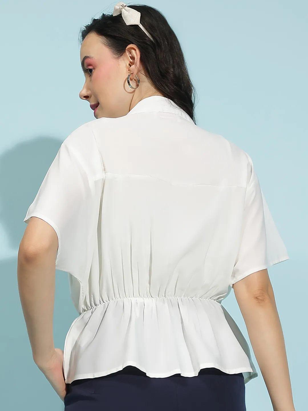 Snowy White Button-Down Elasticated Pleated Women’s Top