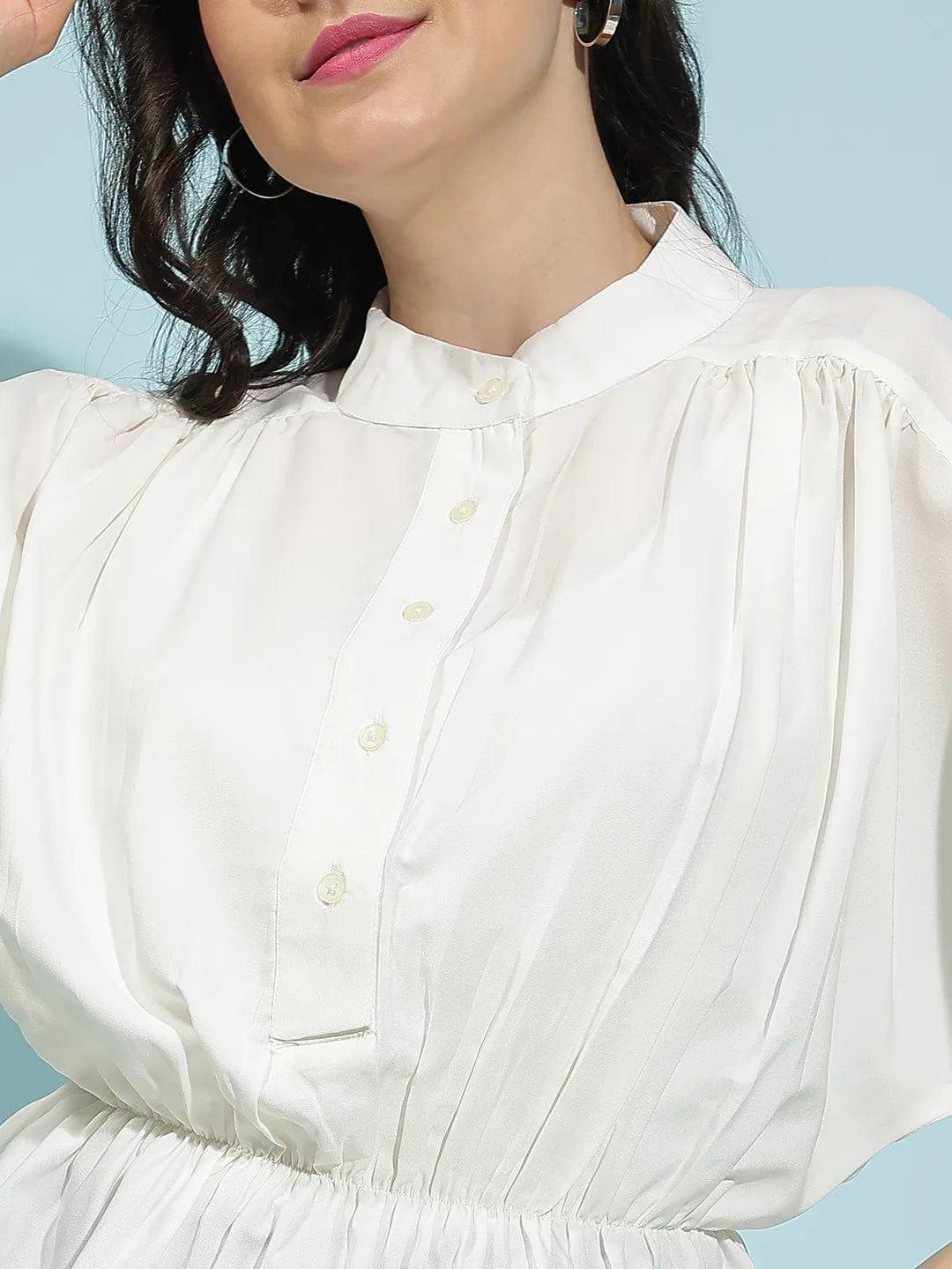 Snowy White Button-Down Elasticated Pleated Women’s Top