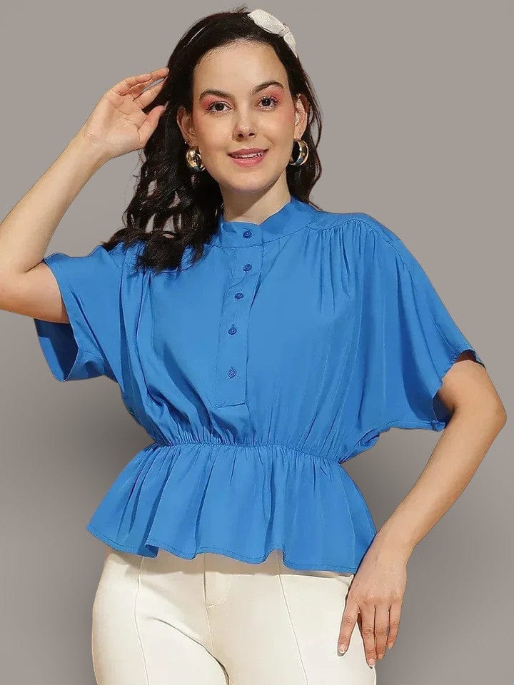 Blue Button-Down Top - Women's Crop Tops With Elasticated Waist & Pleated Blouse