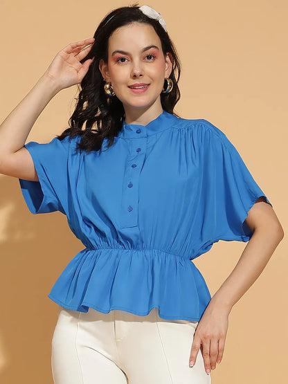 Bold Blue Button-Down Elasticated Women’s Top