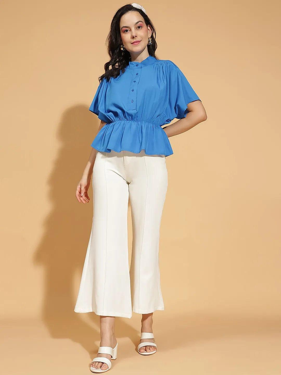 Bold Blue Button-Down Elasticated Women’s Top