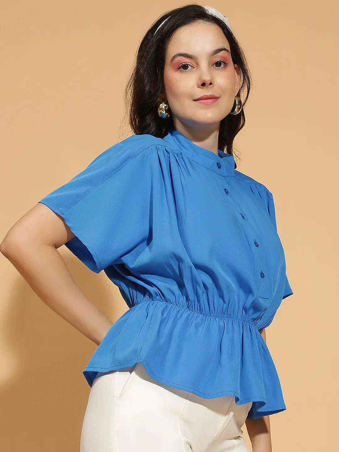 Bold Blue Button-Down Elasticated Women’s Top