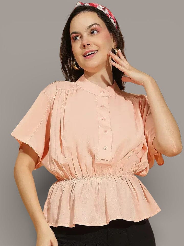Peach Button-Down Top - Women's Pleated Crop Top With Elasticated Waist