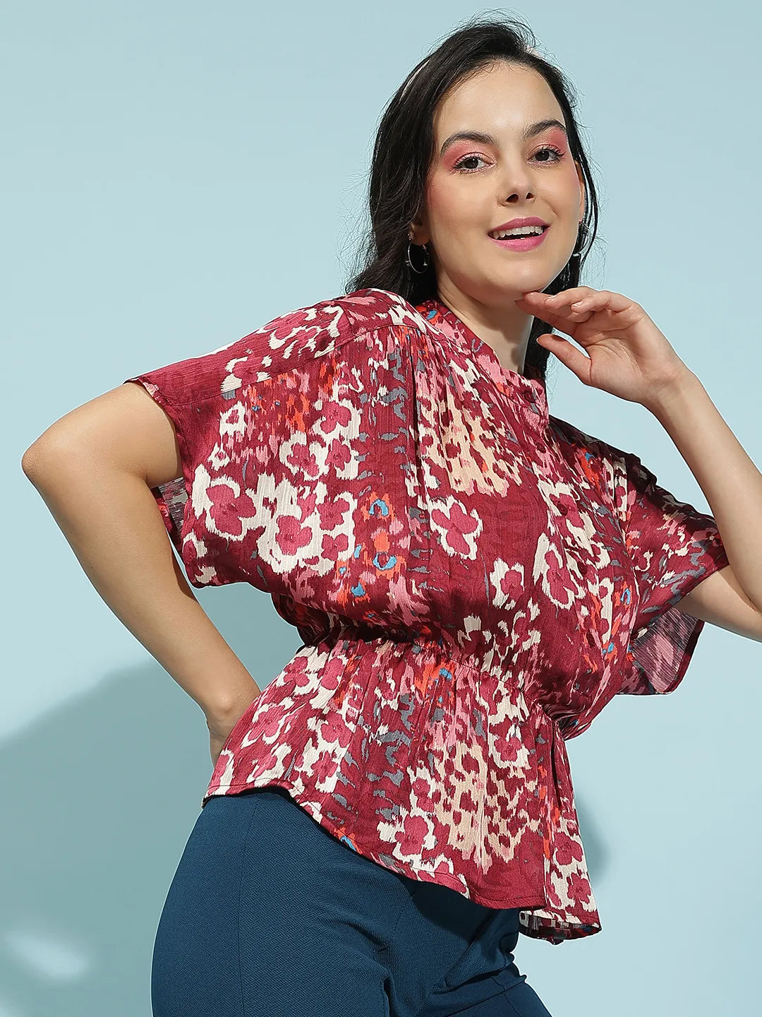 Wine Color Printed Button-Down Elasticated Women’s Top