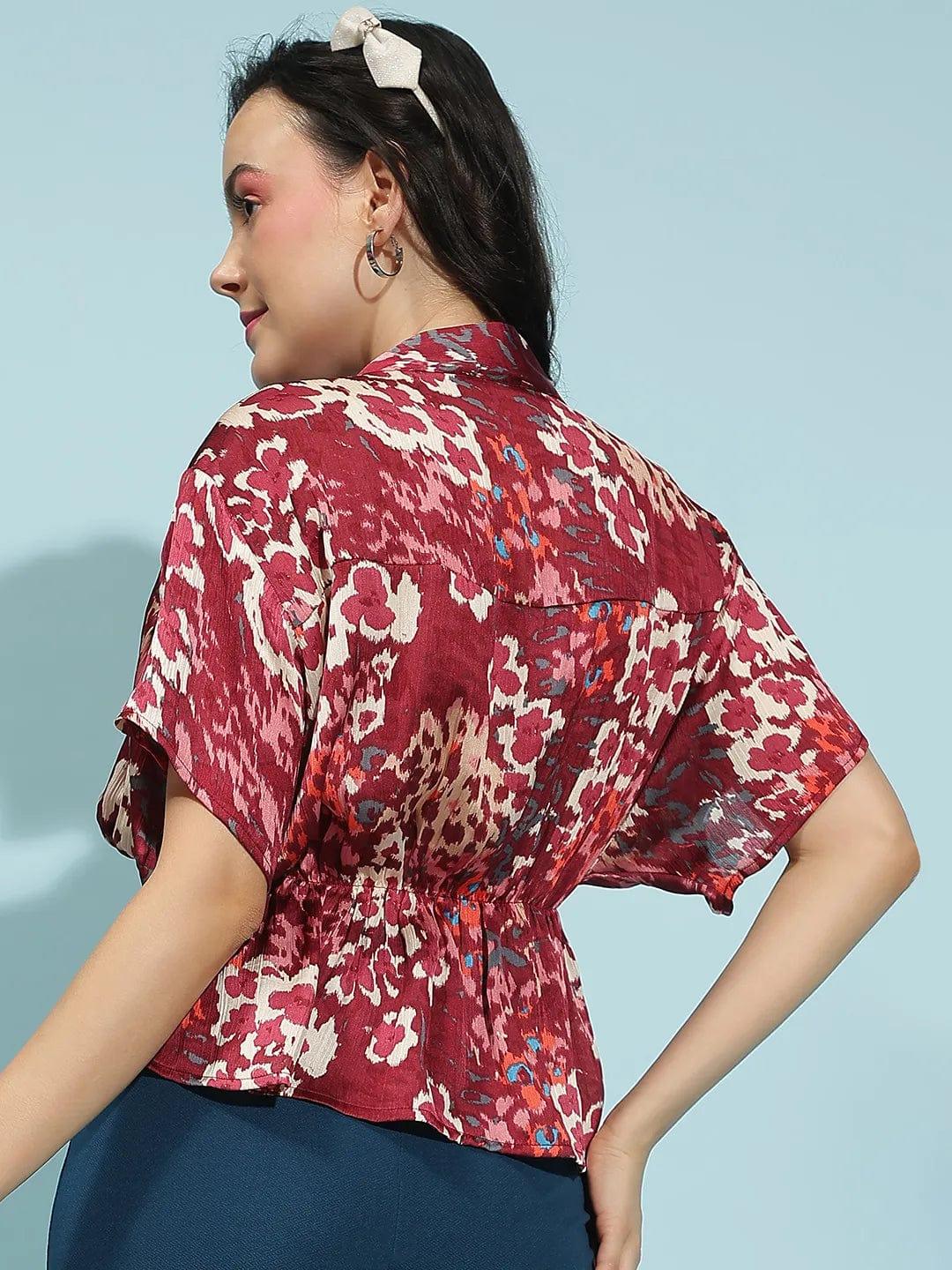 Wine Color Printed Button-Down Elasticated Women’s Top