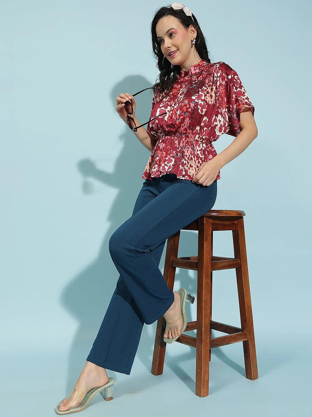 Wine Color Printed Button-Down Elasticated Women’s Top