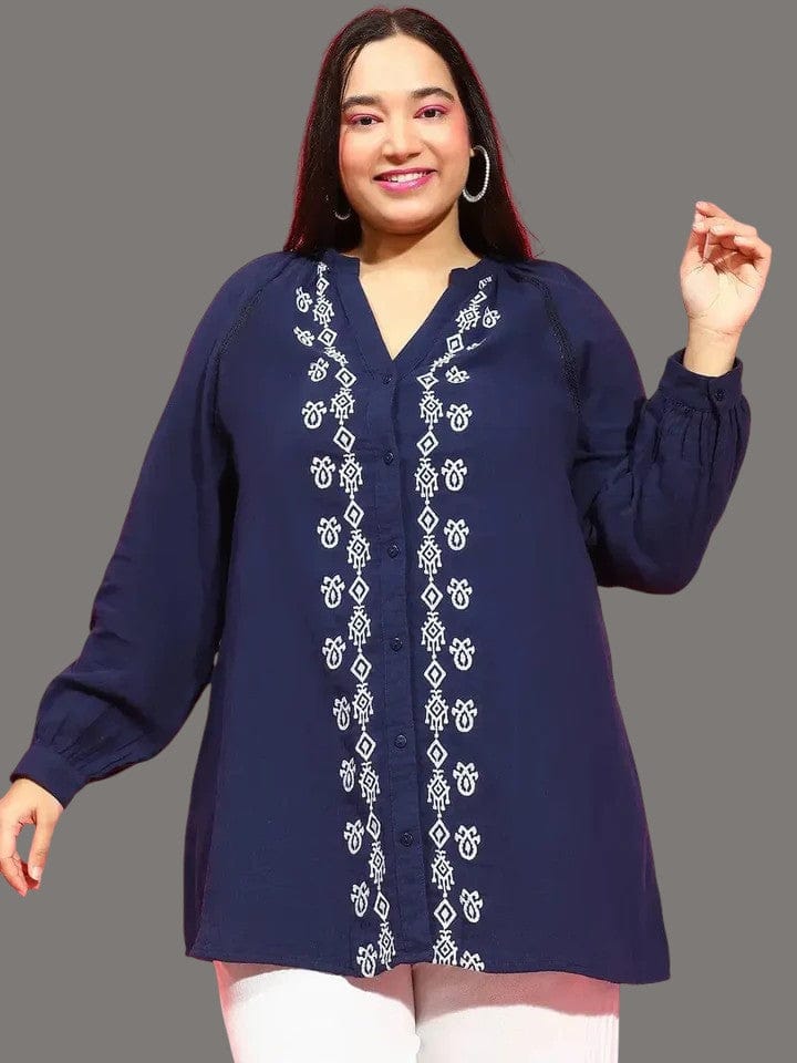 Navy Blue Embroidered Button-Down Plus Size Pluszi Tunics