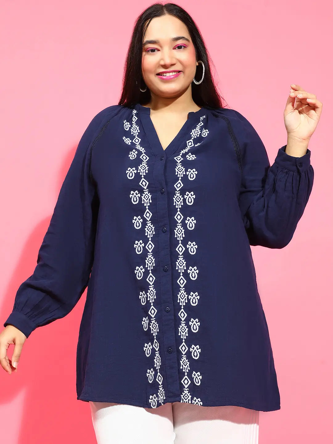 Navy Blue Embroidered Button-Down Plus Size Tunic