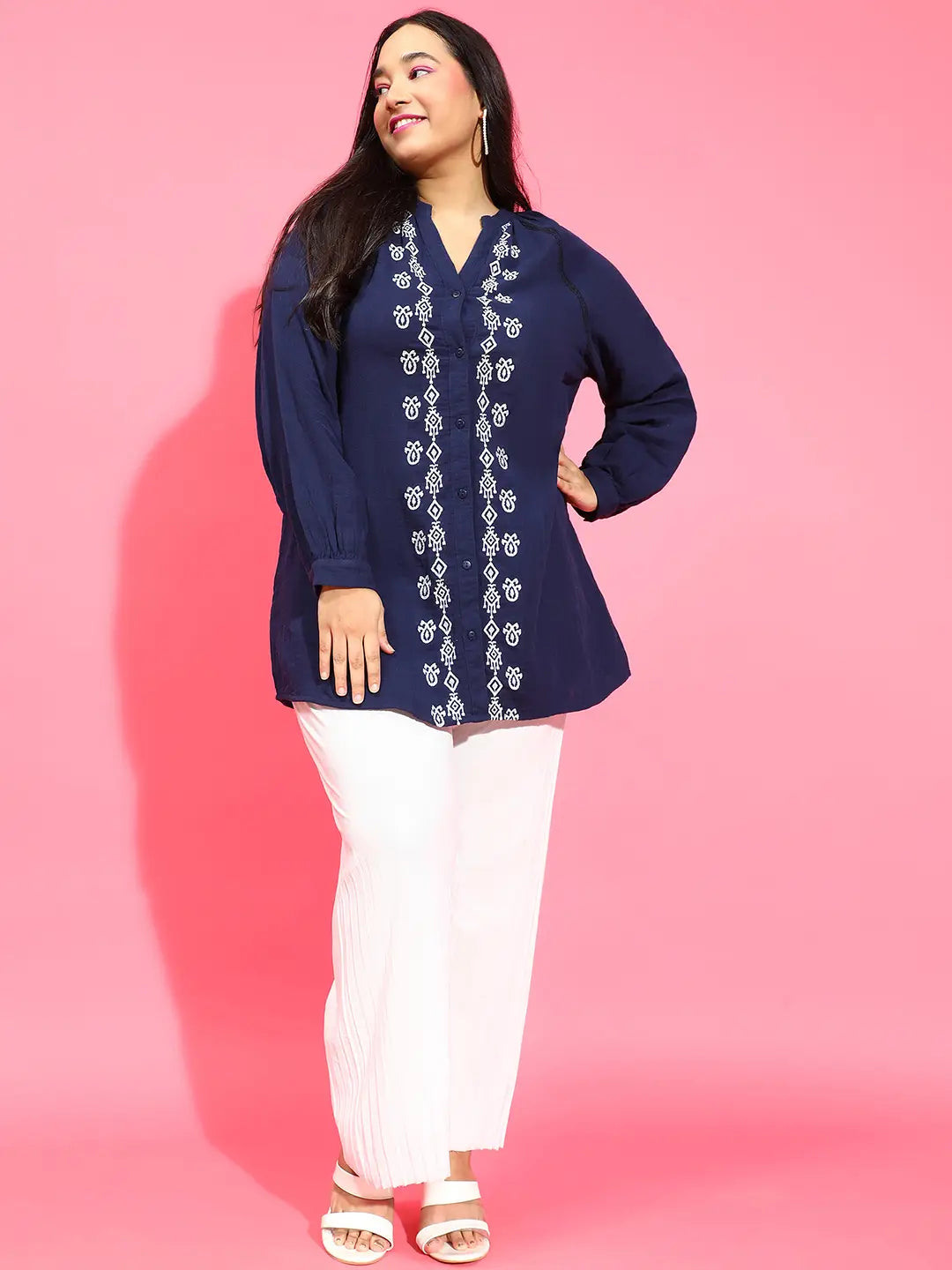 Navy Blue Embroidered Button-Down Plus Size Tunic