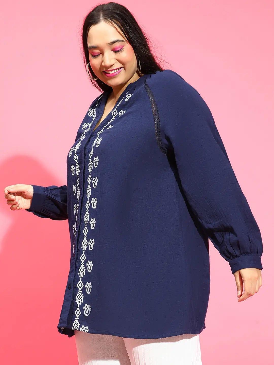 Navy Blue Embroidered Button-Down Plus Size Pluszi Tunics