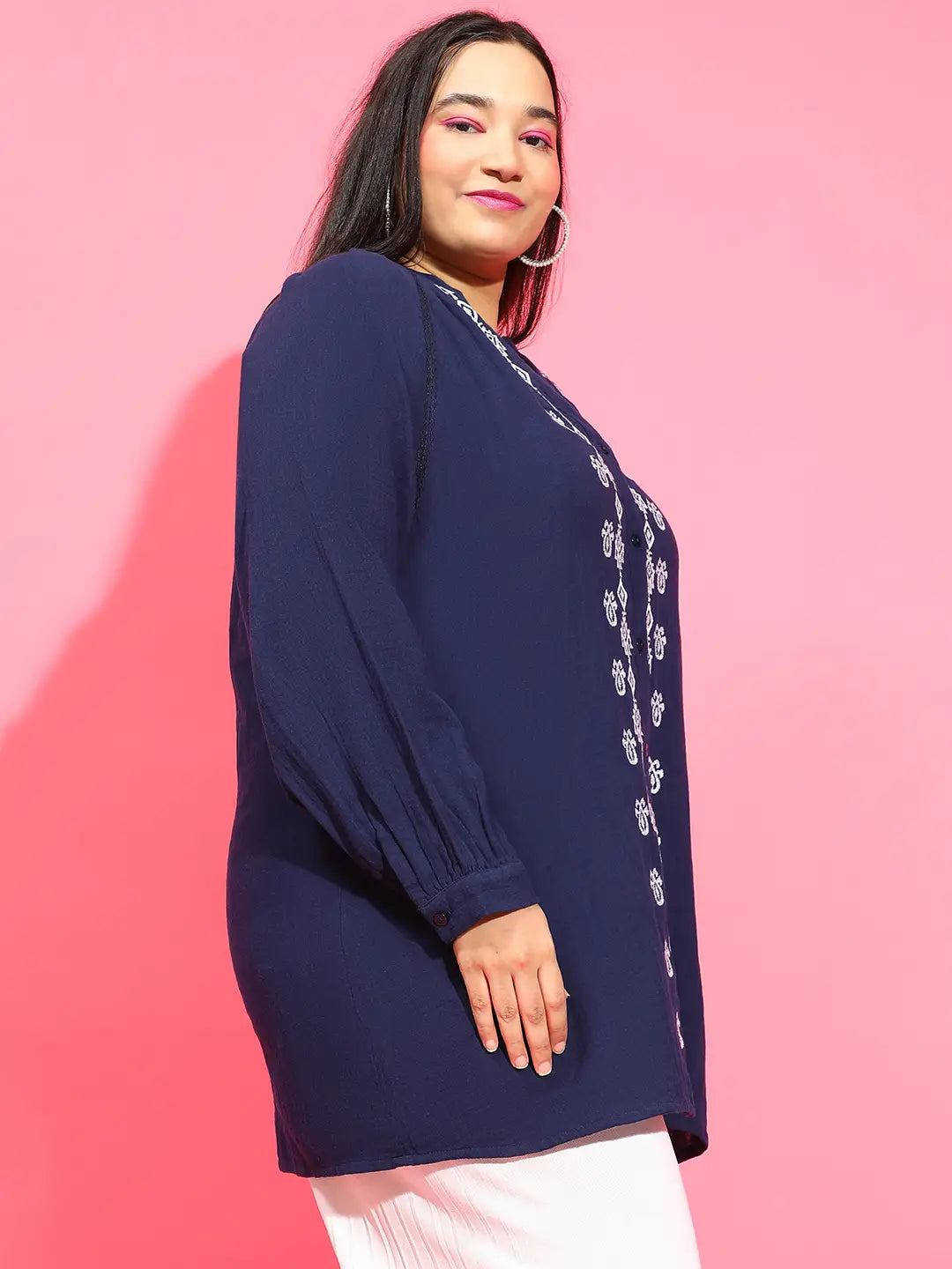 Navy Blue Embroidered Button-Down Plus Size Tunic