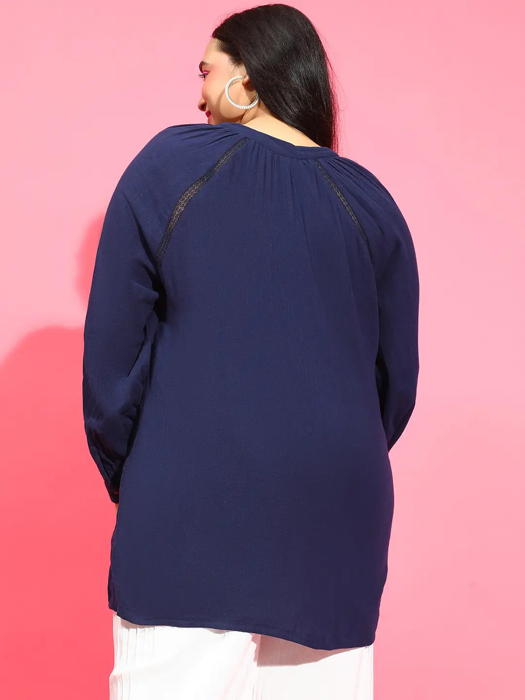 Navy Blue Embroidered Button-Down Plus Size Tunic