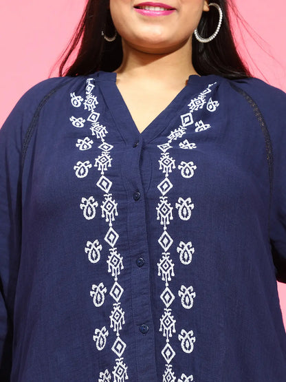 Navy Blue Embroidered Button-Down Plus Size Tunic