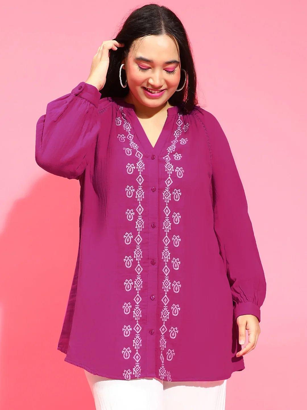 Smart Purple Embroidered Button-Down Plus Size Pluszi Tunics