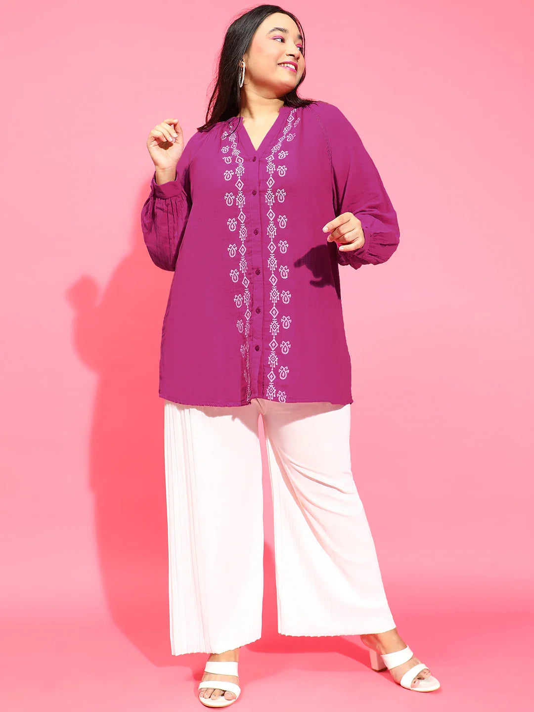 Smart Purple Embroidered Button-Down Plus Size Tunic