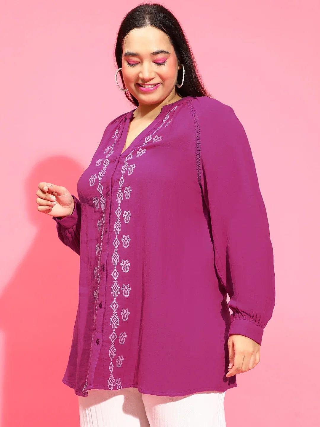 Smart Purple Embroidered Button-Down Plus Size Pluszi Tunics