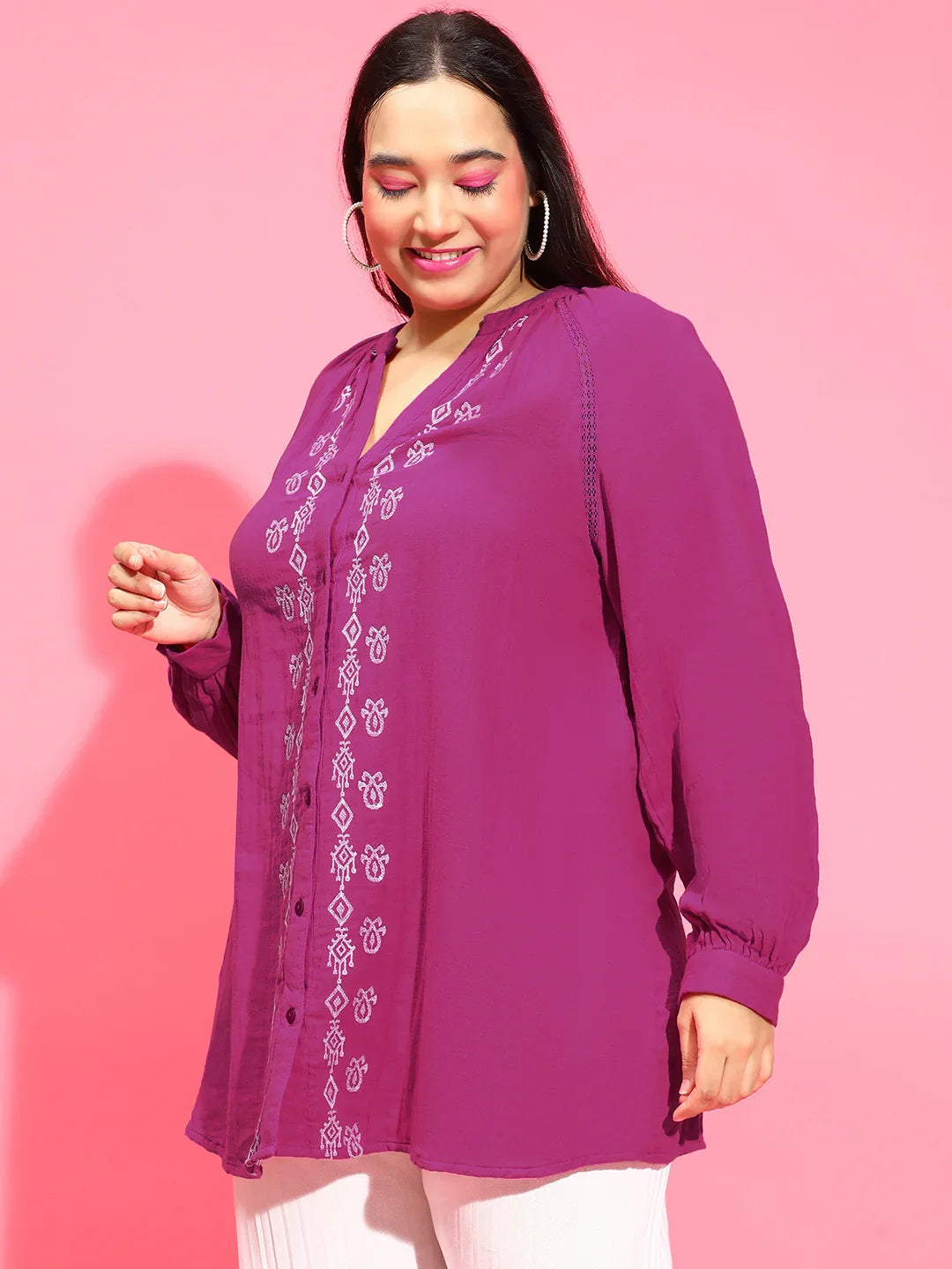 Smart Purple Embroidered Button-Down Plus Size Tunic