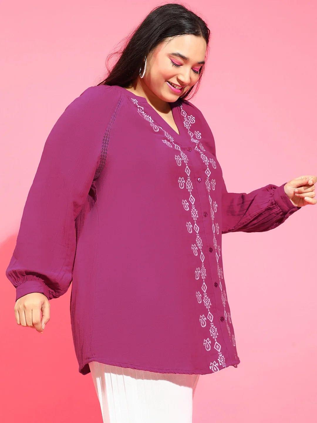 Smart Purple Embroidered Button-Down Plus Size Pluszi Tunics