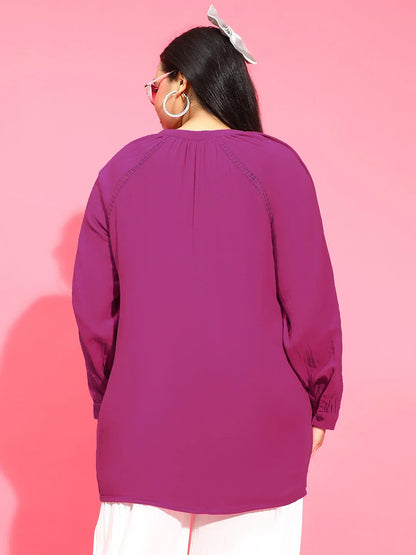 Smart Purple Embroidered Button-Down Plus Size Tunic