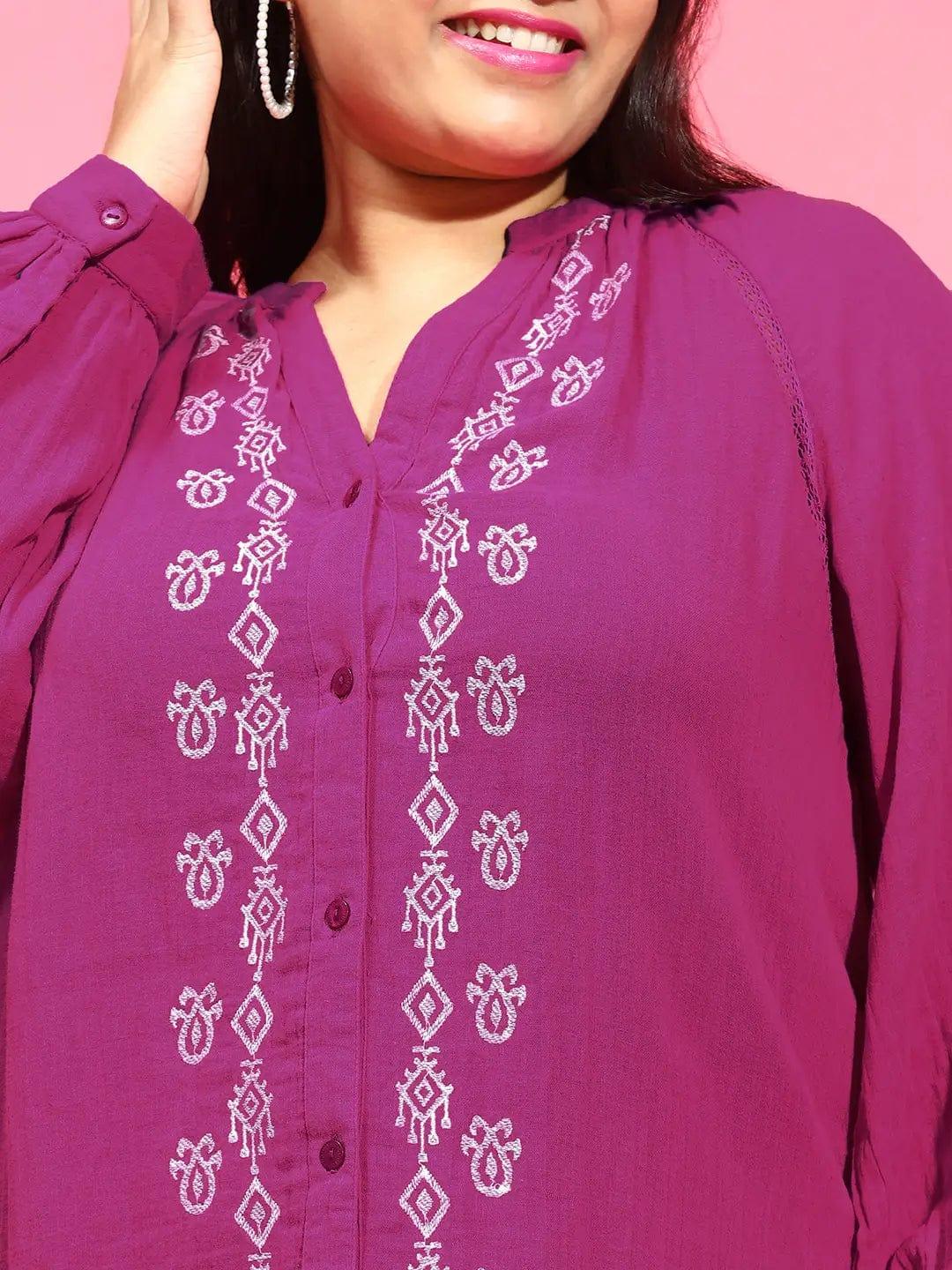 Smart Purple Embroidered Button-Down Plus Size Pluszi Tunics