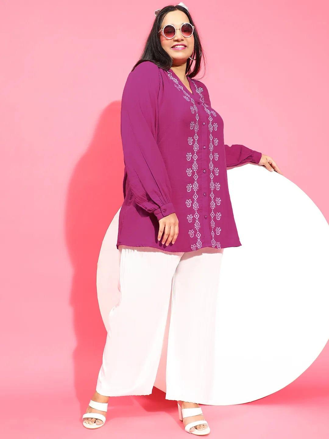 Smart Purple Embroidered Button-Down Plus Size Pluszi Tunics