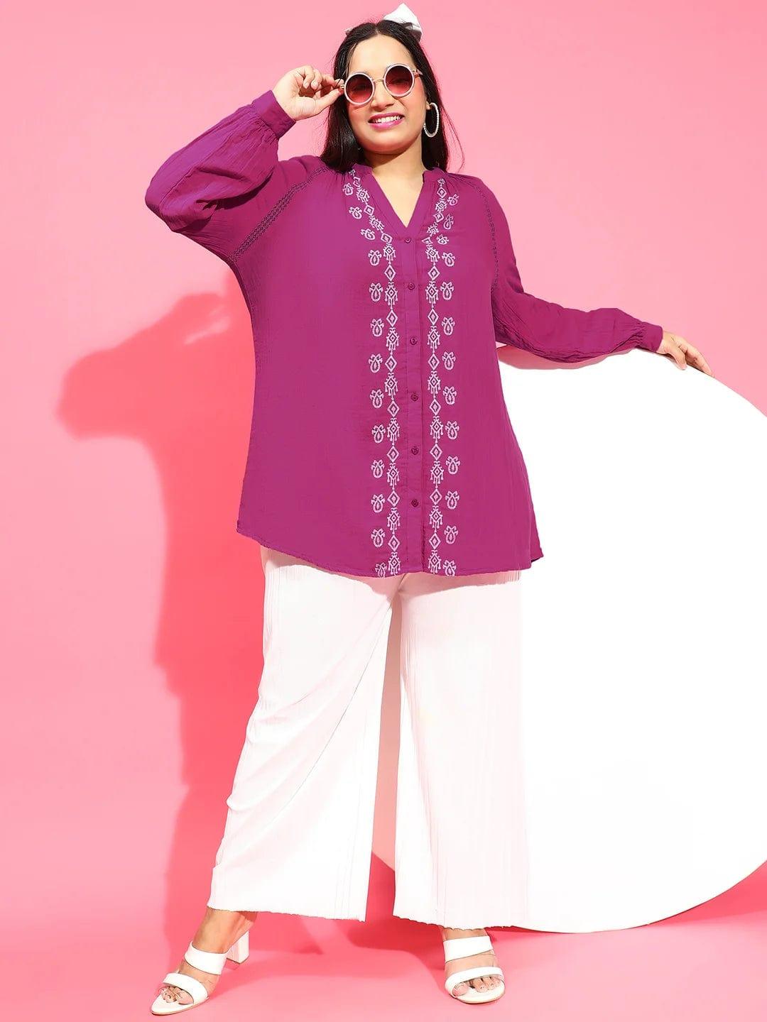 Smart Purple Embroidered Button-Down Plus Size Pluszi Tunics