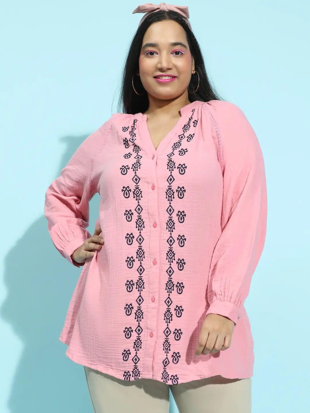 Pink Embroidered Button-Down Long Sleeve Plus Size Pluszi Tunics