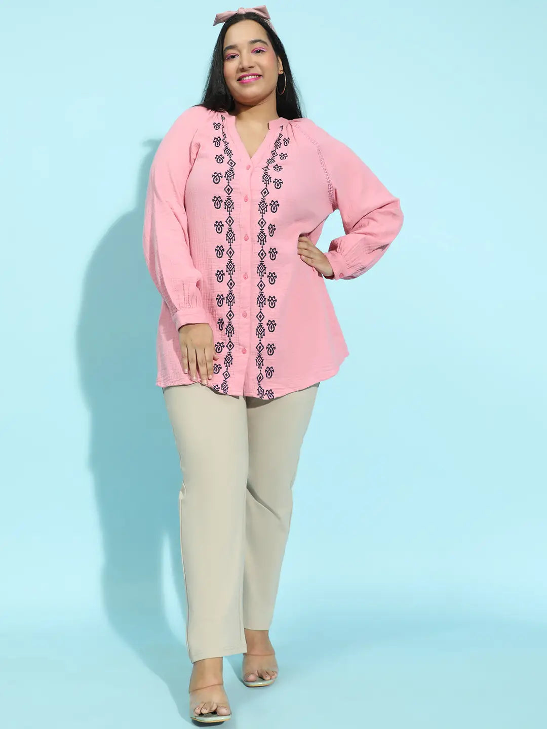 Pink Embroidered Button-Down Long Sleeve Plus Size Tunic