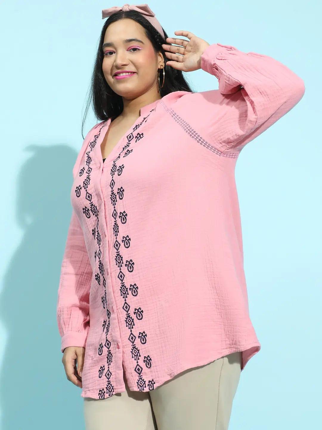 Pink Embroidered Button-Down Long Sleeve Plus Size Pluszi Tunics