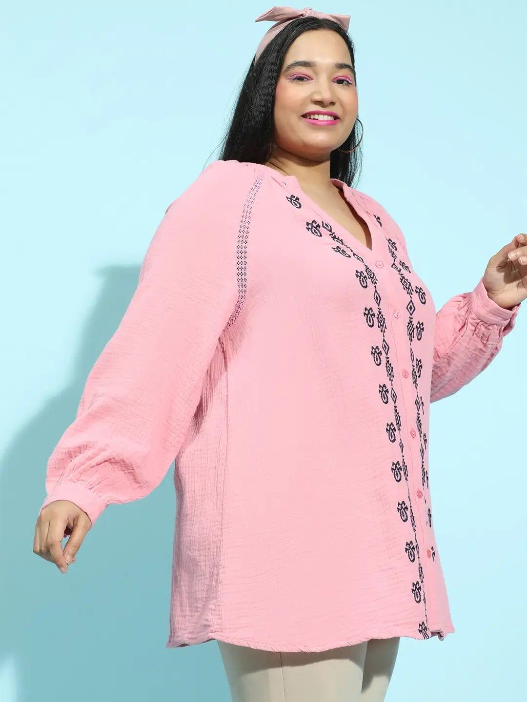 Pink Embroidered Button-Down Long Sleeve Plus Size Pluszi Tunics