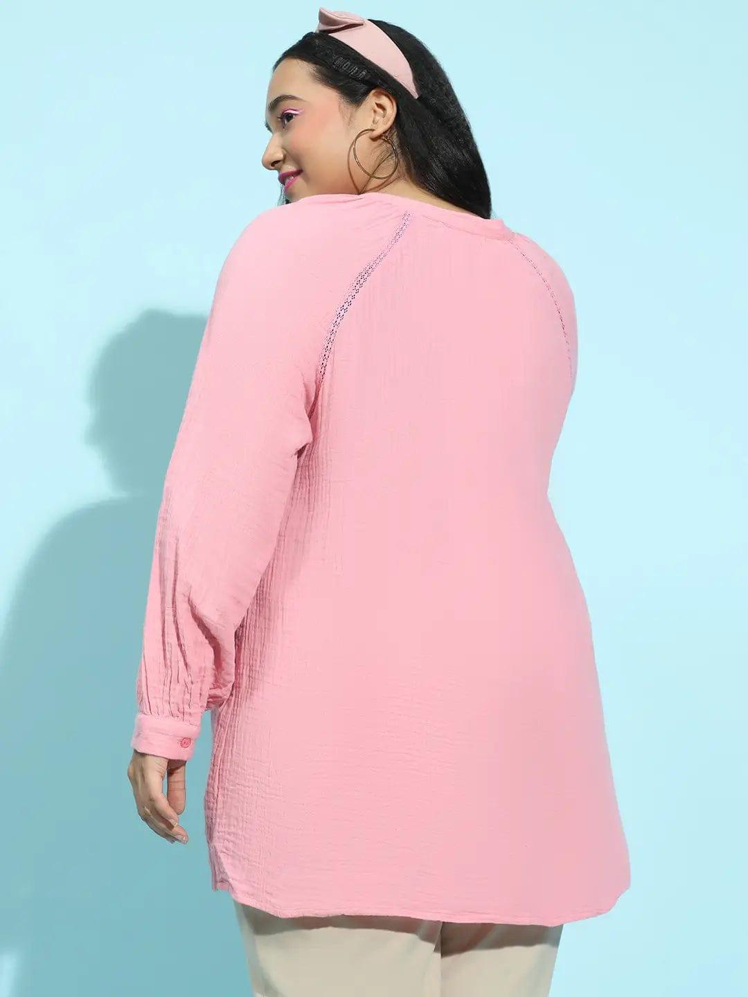 Pink Embroidered Button-Down Long Sleeve Plus Size Pluszi Tunics