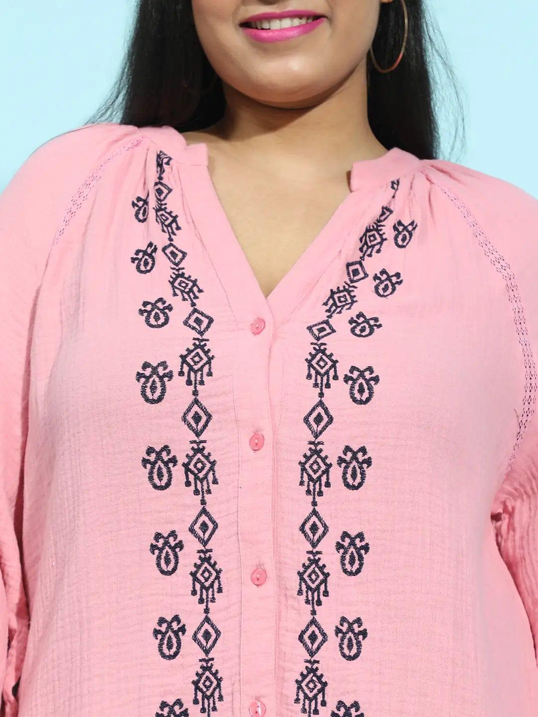 Pink Embroidered Button-Down Long Sleeve Plus Size Pluszi Tunics