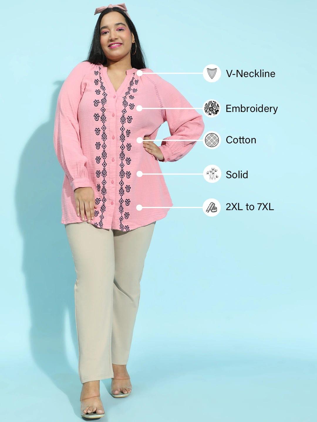 Pink Embroidered Button-Down Long Sleeve Plus Size Pluszi Tunics