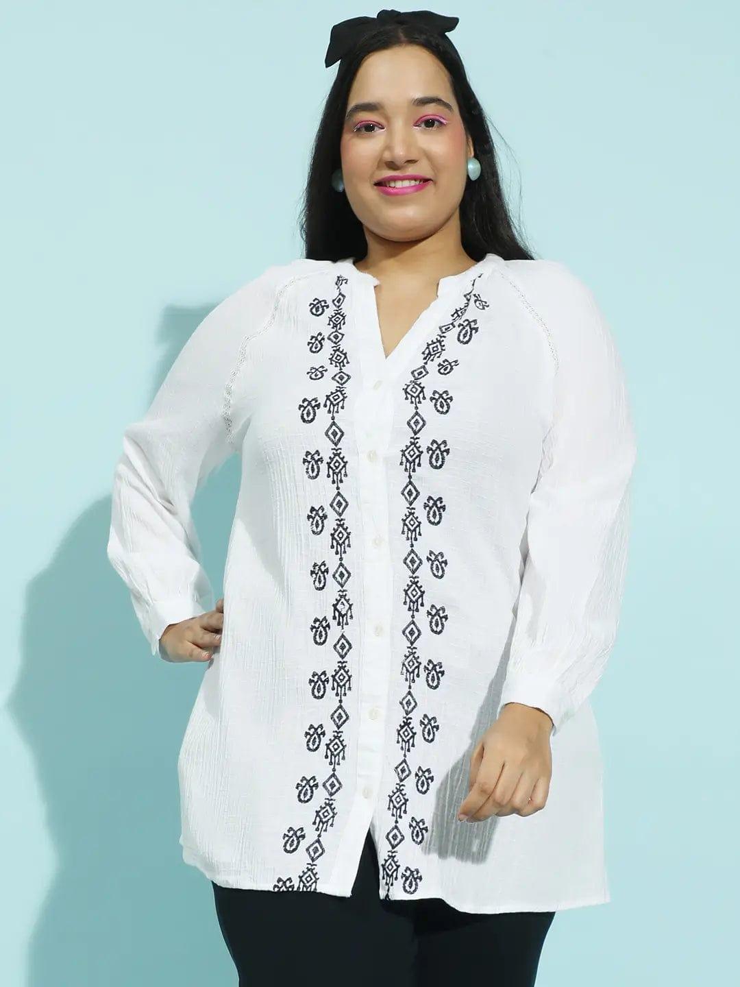 Refined White Embroidered Button-Down Long Sleeve Plus Size Pluszi Tunics