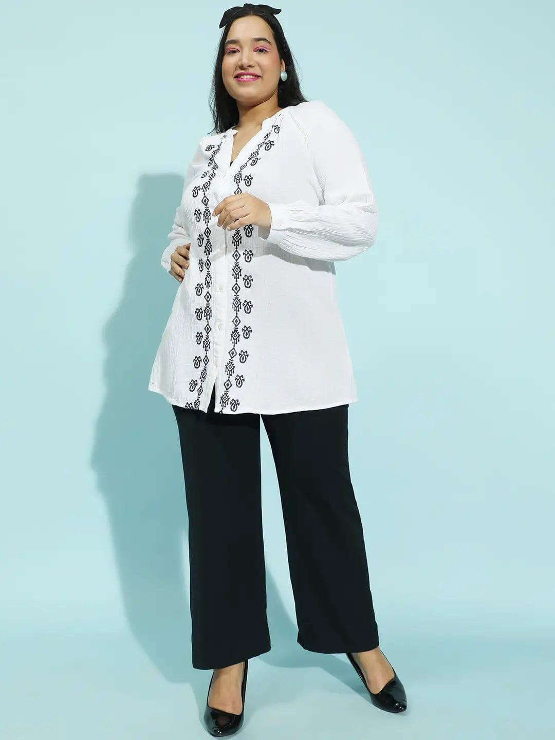 Refined White Embroidered Button-Down Long Sleeve Plus Size Pluszi Tunics