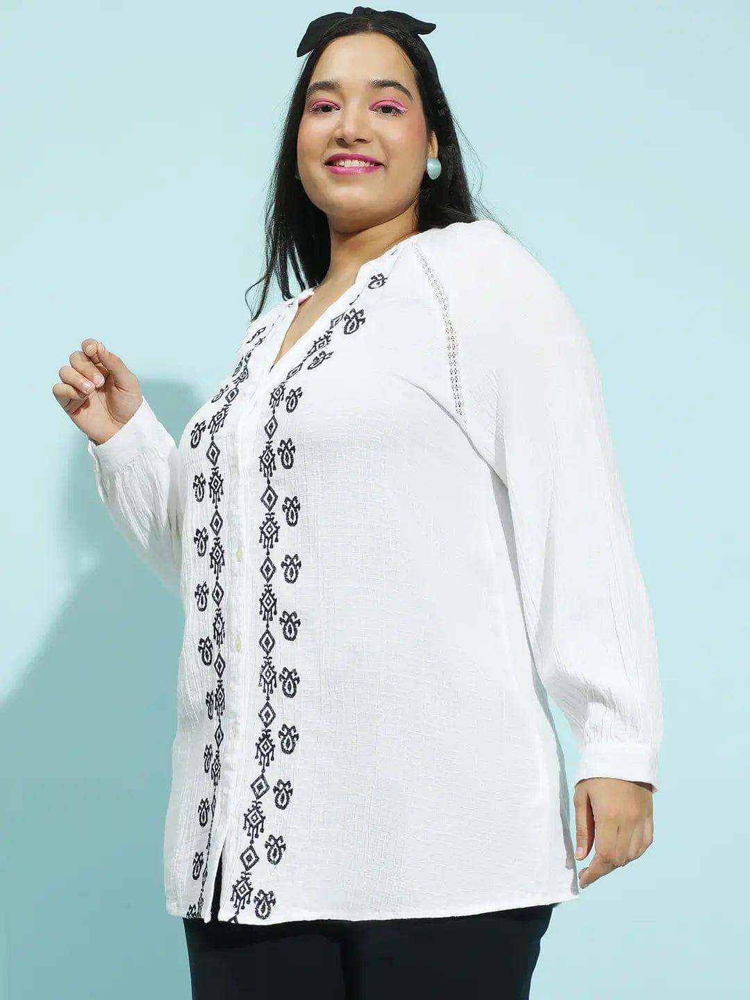 Refined White Embroidered Button-Down Long Sleeve Plus Size Pluszi Tunics