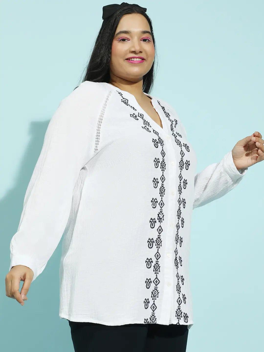 Refined White Embroidered Button-Down Long Sleeve Plus Size Pluszi Tunics