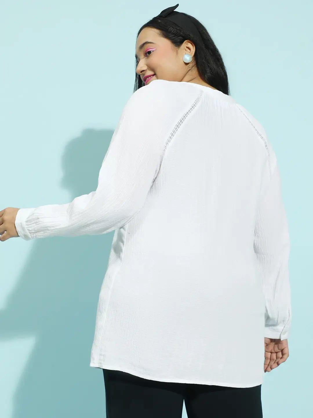 Refined White Embroidered Button-Down Long Sleeve Plus Size Pluszi Tunics