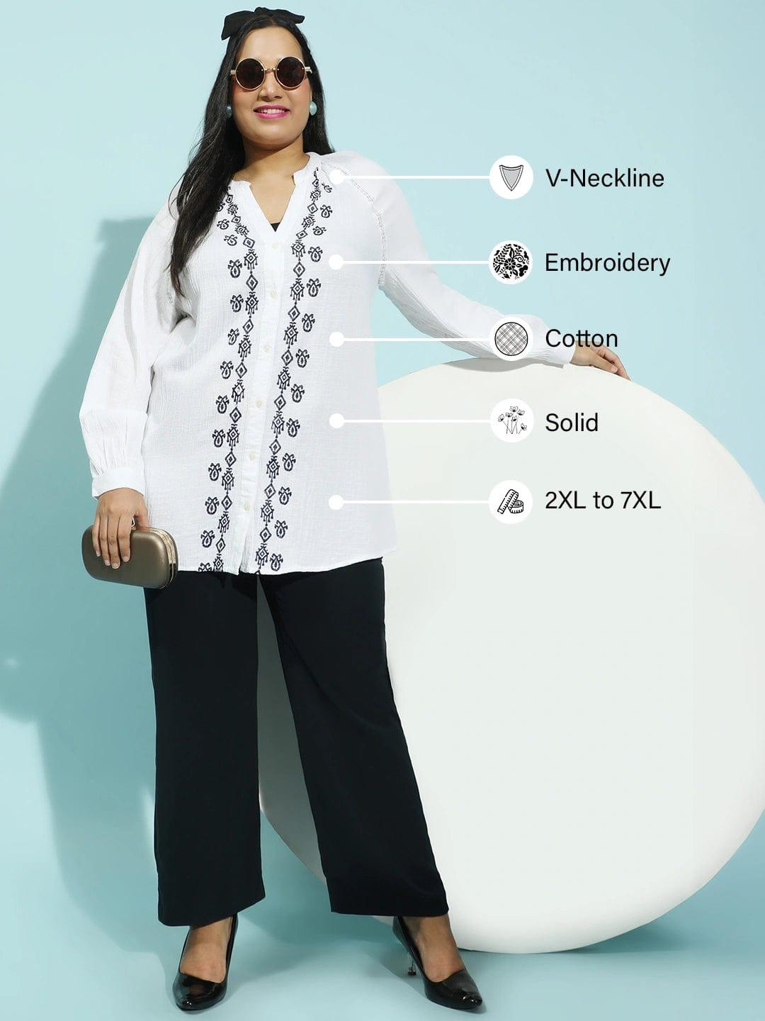 Refined White Embroidered Button-Down Long Sleeve Plus Size Pluszi Tunics