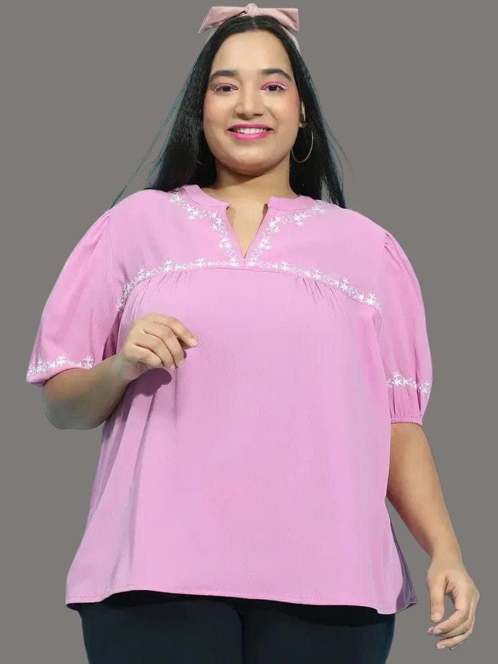 Plus Size Women's Top - Purple Embroidered Loopy Blouse With Short Sleeves