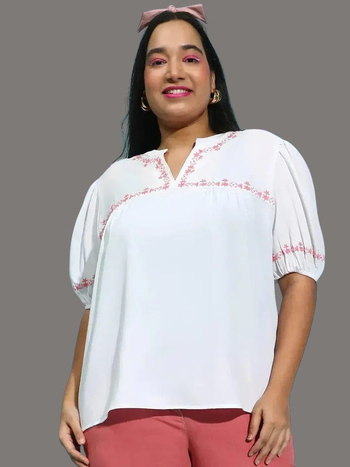 Plus Size Women Top - White Embroidered Short Sleeve Loopy Blouse With Soft Crepe Fabric