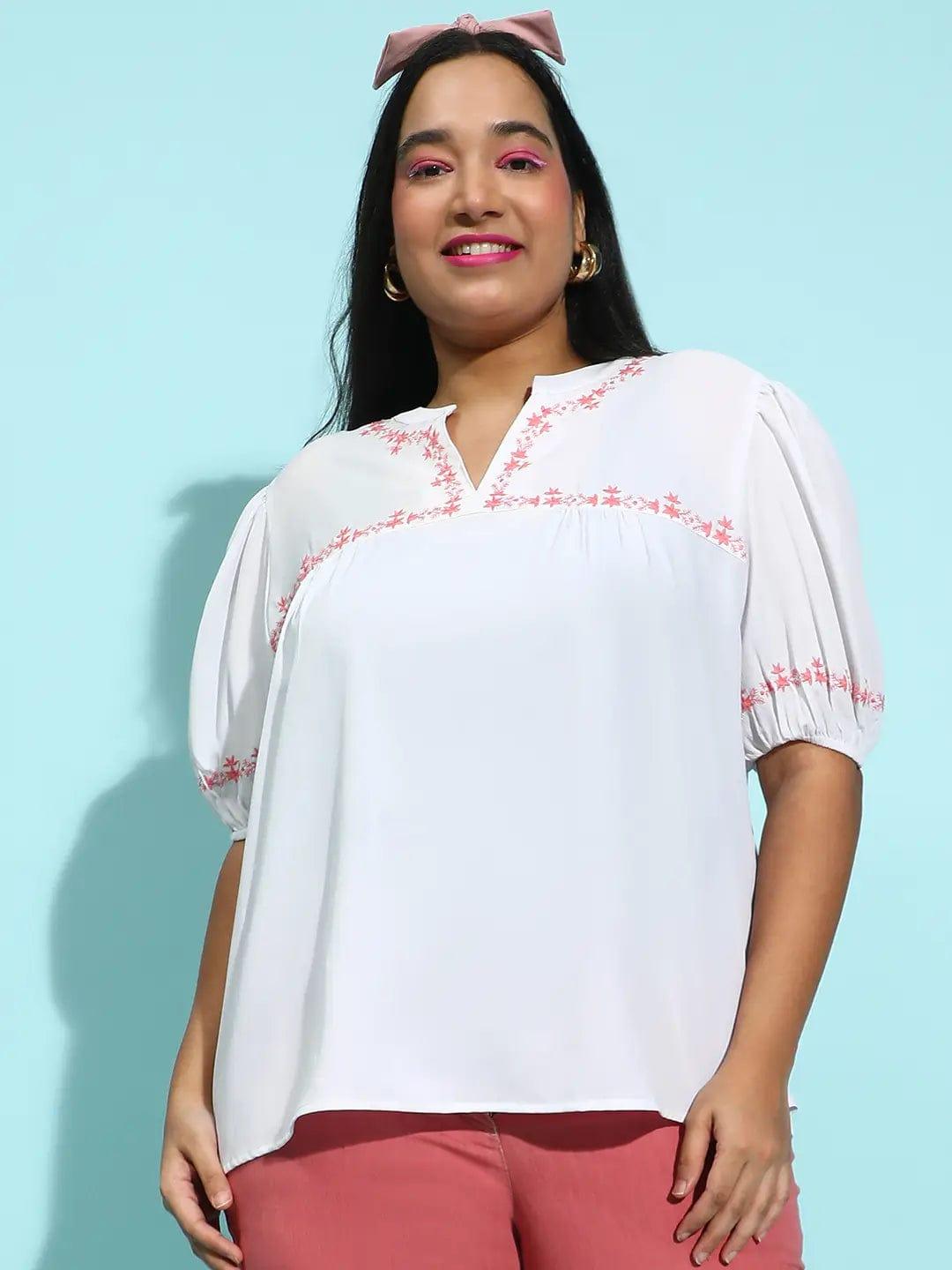 Latest White Embroidered Short Sleeve Plus Size Women’s Loopy Top