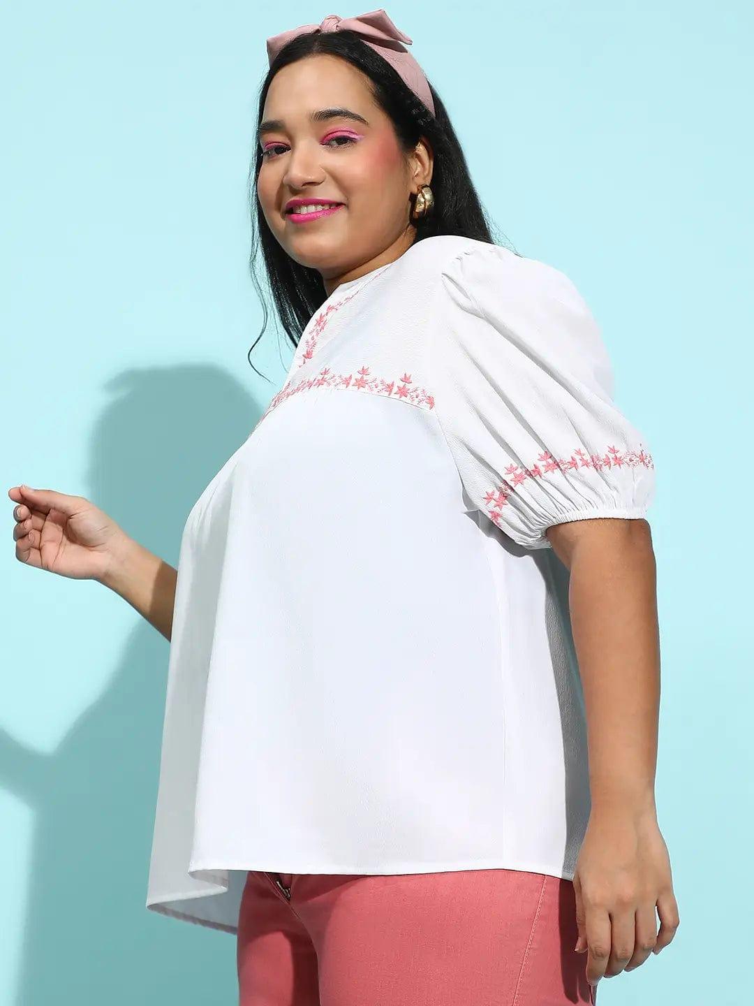 Latest White Embroidered Short Sleeve Plus Size Women’s Loopy Top