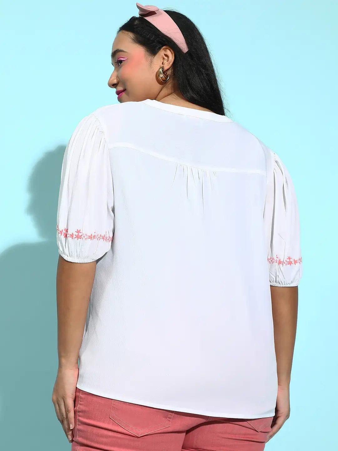 Latest White Embroidered Short Sleeve Plus Size Women’s Loopy Top